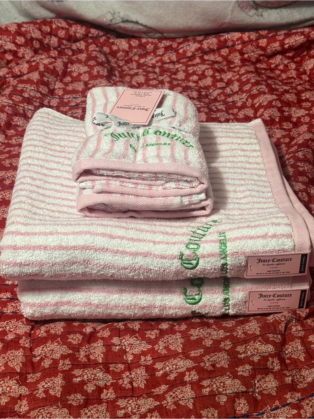 Juicy Couture Pink and White Striped Towel Set